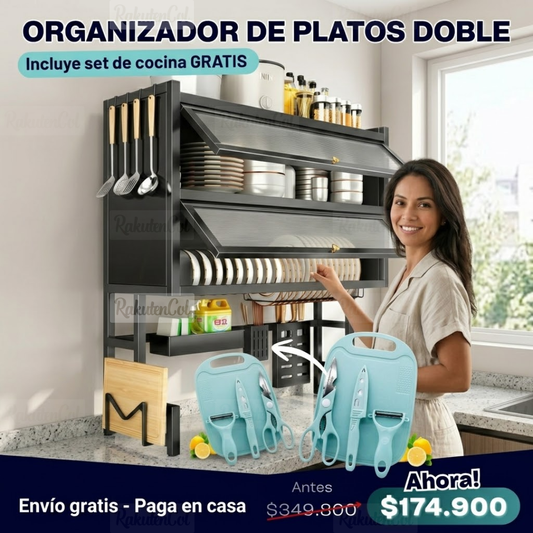 Escurridor De Platos Doble Tapa 65cm + set de utensilios