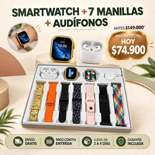 RELOJ INTELIGENTE + 7 MANILLAS + AUDIFONOS